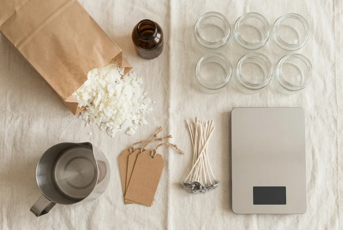 Candle making supplies laid out: wax flakes, glass jars, cotton wicks, kraft tags and a scale