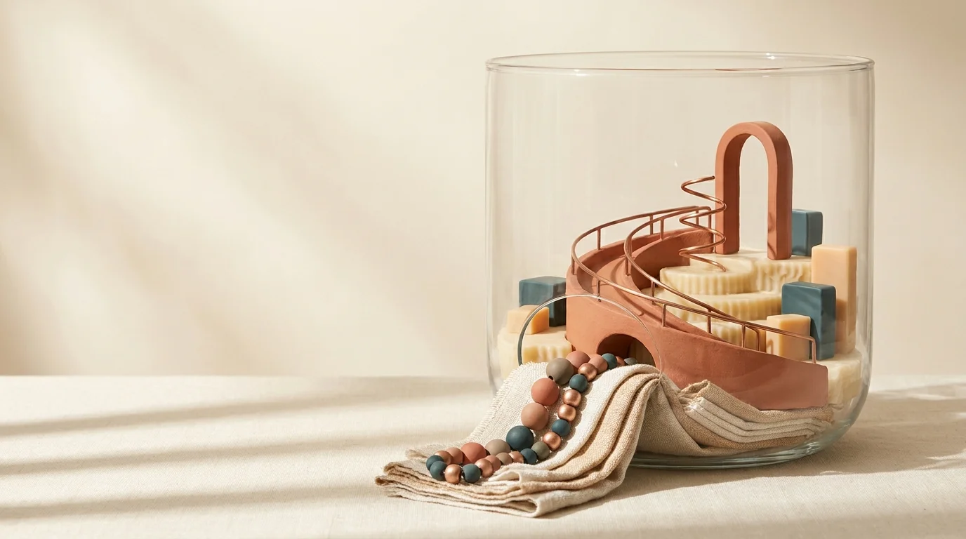 Conceptual miniature craft architecture inside a transparent vessel, with unbranded materials